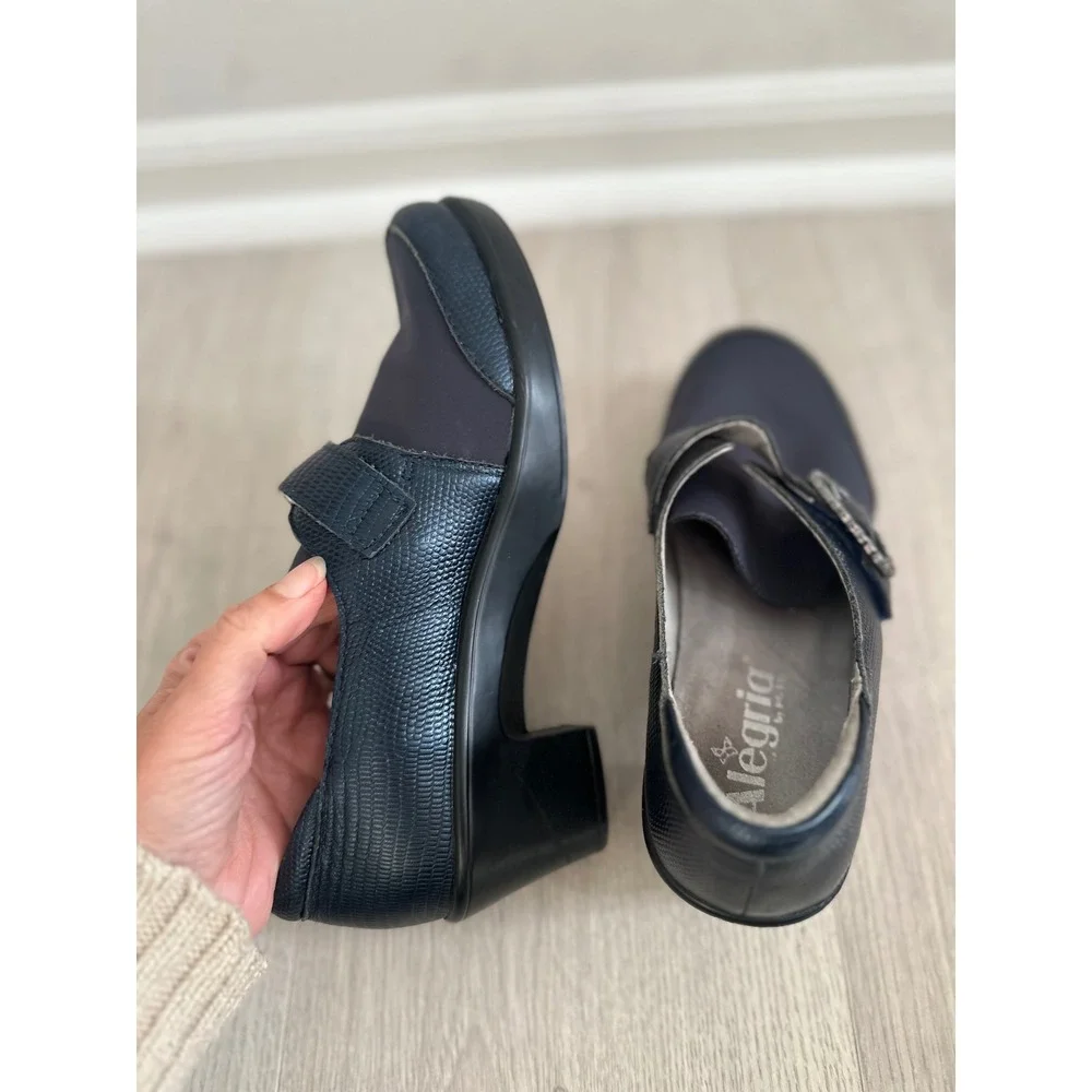Alegria Khloe Mary‎ Jane Comfort Shoes Women 37 Navy Blue Leather Lizard Buckle